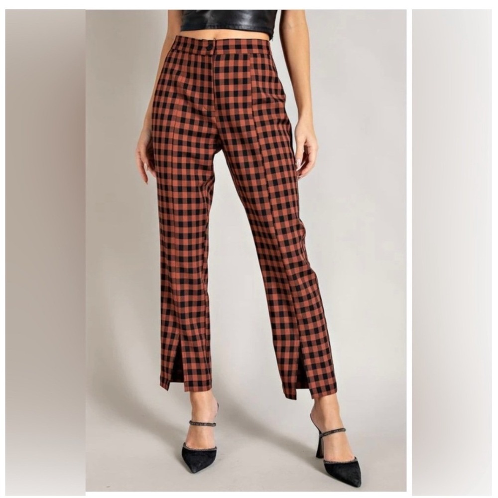 ee:some Gingham High Waisted Ankle Pants Terracotta Black Front Slit Small